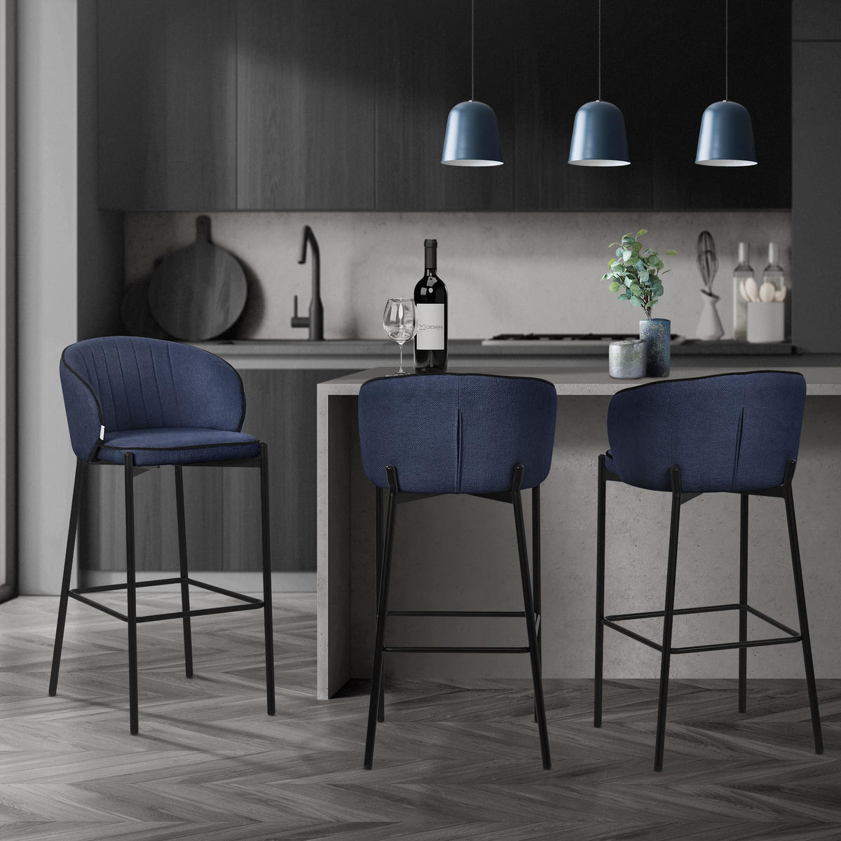 BARHOCKER 4er Set Dunkelblau mit Stoffbezug - Schwarz/Dunkelblau, Textil/Metall (50/101/54cm) - ML-DESIGN