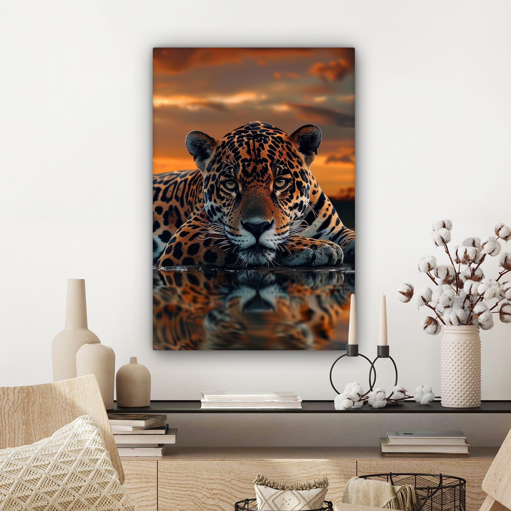 LEINWANDBILD Natur - Leopard - Tier - Sonnenuntergang - Modern 60x90 cm - Orange, Textil (60/90cm) - MuchoWow