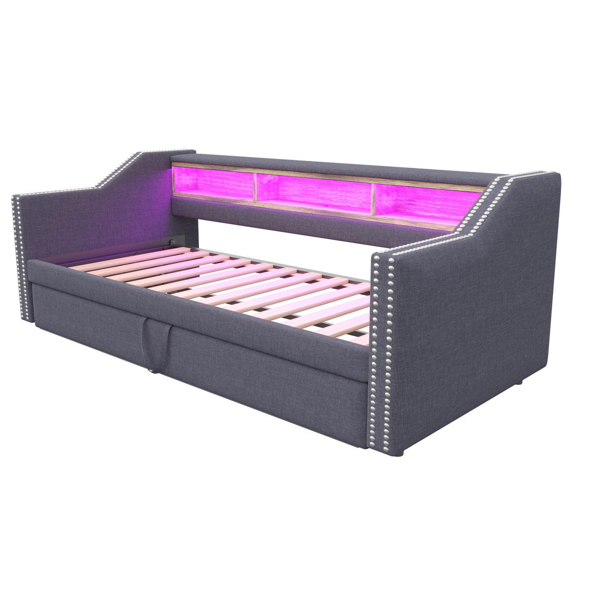 BETT aus Leinen 90/180x190 cm Dunkelgrau mit Ausziehbett, LED, USB und 3 Ablagefächern - Dunkelgrau, Textil (90/190cm) - Modfu