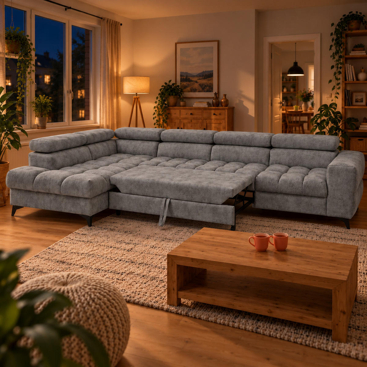 ECKSOFA PUDDING MAXI L Links mit Schlaffunktion 125x195 Velours Grau - Schwarz/Grau, Holz/Textil (350/203cm) - Muffo