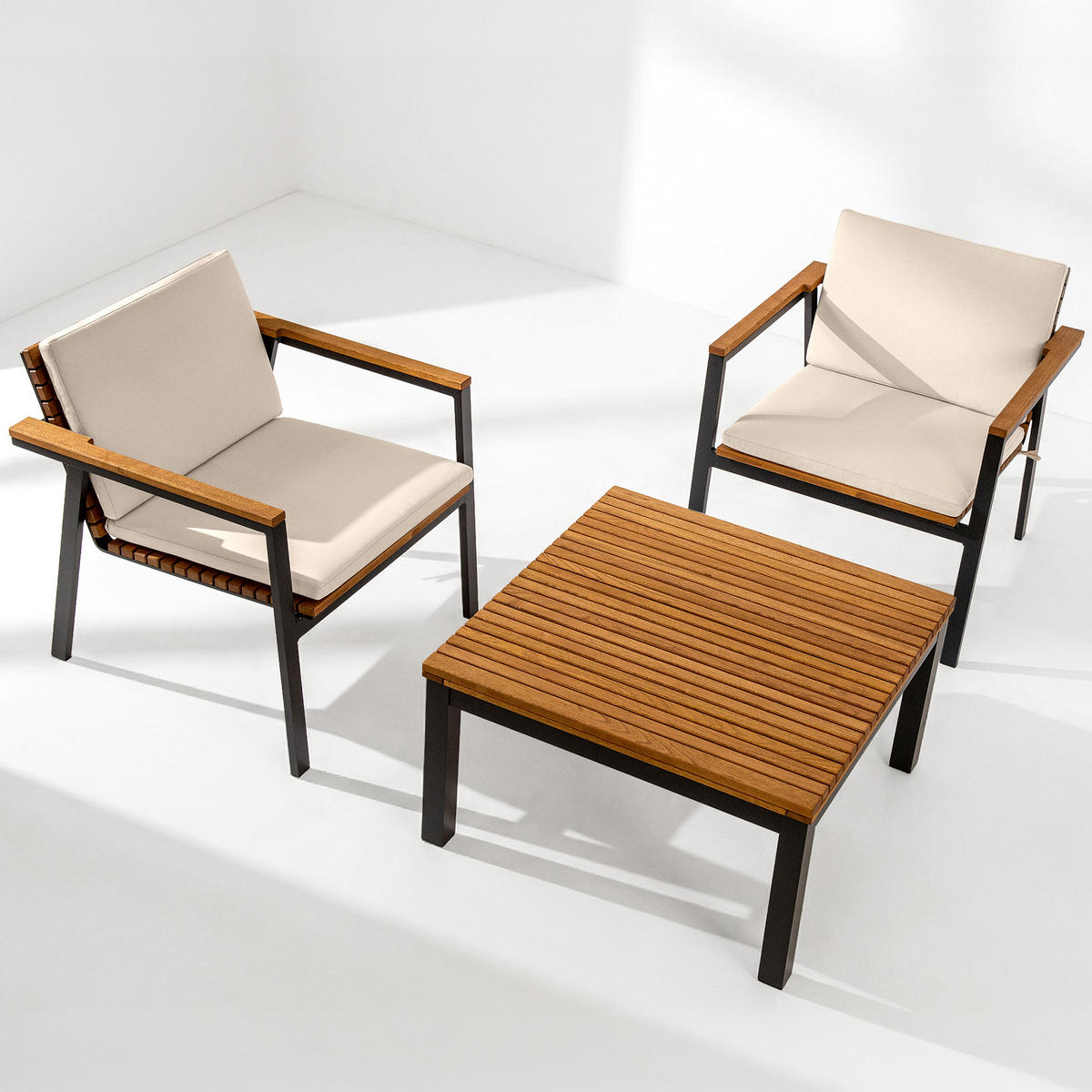 GARTENMÖBELSET ARIATO 3-tlg, mit Kissen - Anthrazit/Beige, Holz/Metall - KONSIMO®