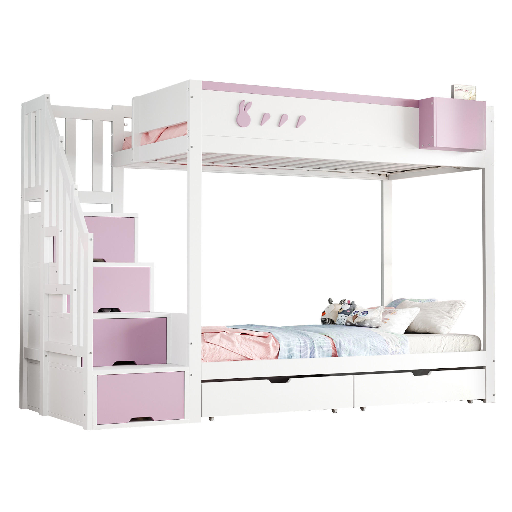 ETAGENBETT 90/200 cm & 90/200 cm in Weiß & Rosa mit 2 Schubladen, Regal und Stauraumleiter - Rosa, Holz (90/200cm) - STILVORA