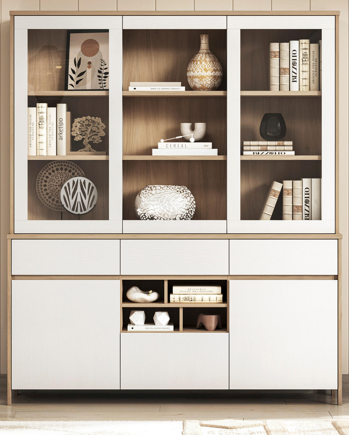 BUFFET weiß, Eiche, Buffetschrank skandinavisch 164 cm mit Soft-Close, Finnes - Eichefarben/Weiß, Glas/Holzwerkstoff (164/195/39cm) - Furn.Design