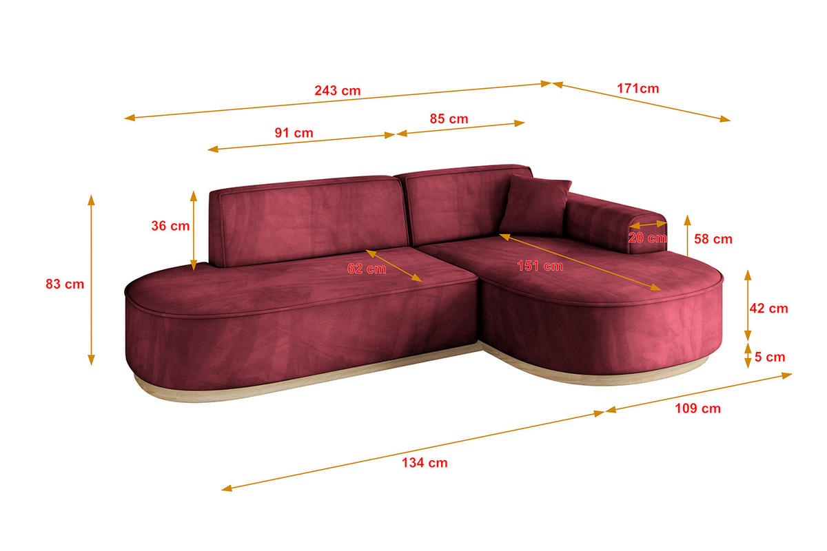 ECKSOFA Ottomane Rechts MARI-L1-v1 - 243x171x83 cm Bordeaux Velours - Bordeaux, Holzwerkstoff/Textil (171/243cm) - ALTDECOR