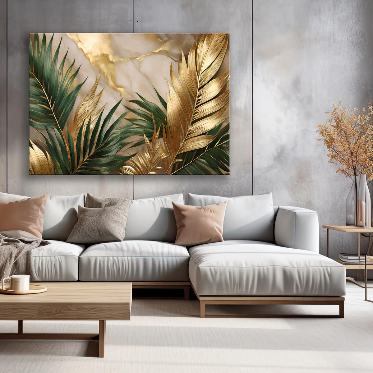 WANDBILD palmblätter auf goldenem marmorhintergrund - Goldfarben, Textil (60/40cm) - Feeby