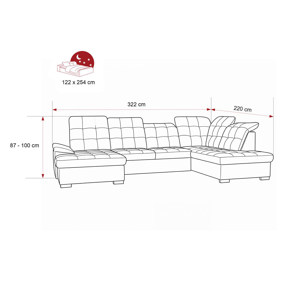 WOHNLANDSCHAFT ANON Ottomane Links, mit Schlaffunktion und Bettkasten, Bordeaux - Rot, Kunststoff/Textil (322/87/220cm) - Idohome