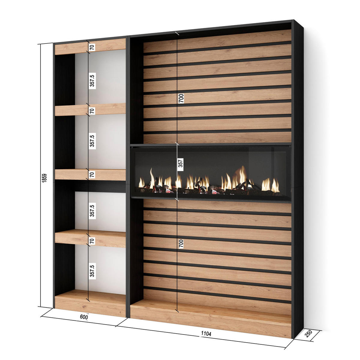 REGAL Elektrokamin, eiche, schwarz, 170/25/186cm - Eichefarben/Schwarz, Holzwerkstoff (170/186/25cm) - Skraut Home