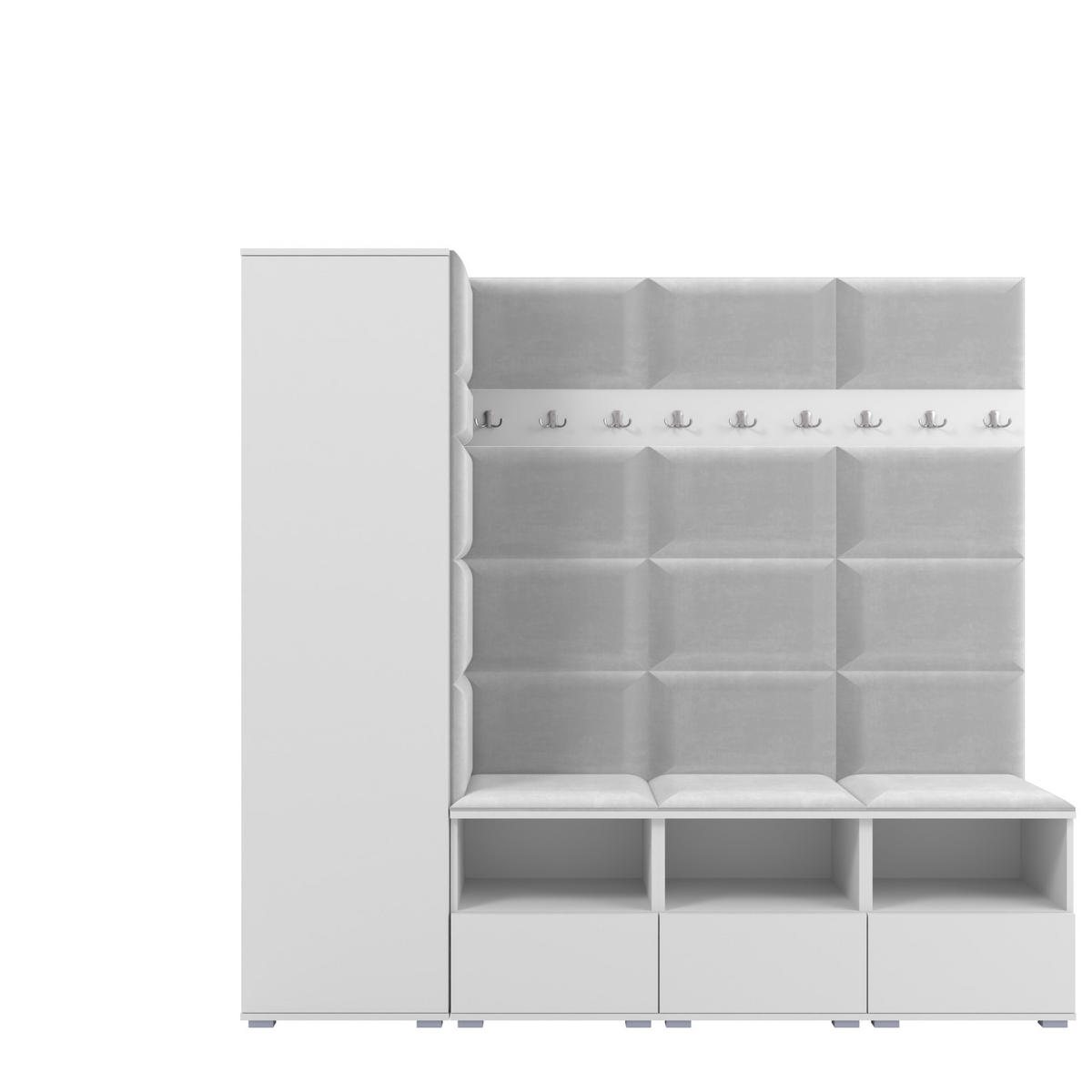 GARDEROBE NELA IX 200 cm (Modulare Flurmöbel Weiß mit Sitzpolster Hellgrau 32 Breite Sitzbank) - Silberfarben/Hellgrau, Holz/Holzwerkstoff (200/187/40cm) - Ravio