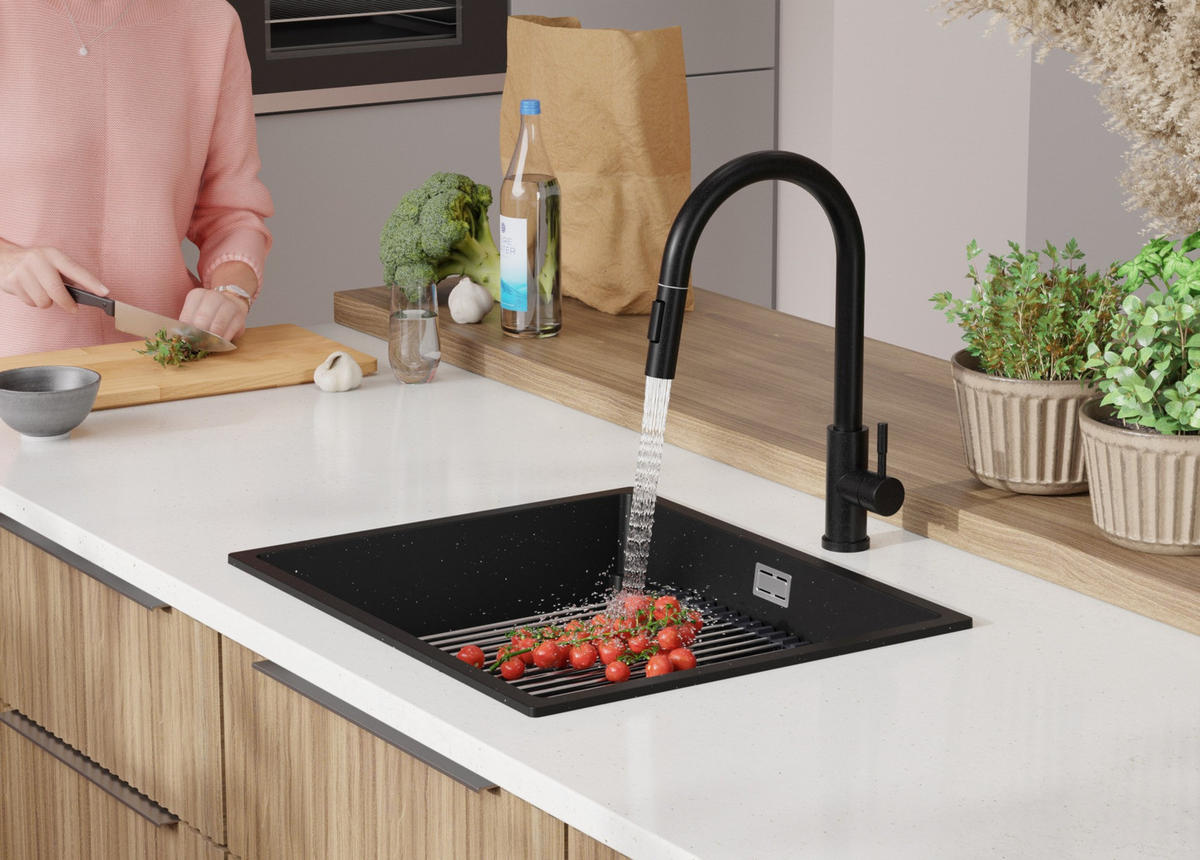 SPÜLBECKEN Praga Slim, 2-er set Schwarz Metallic 56/47 cm 1 Becken + Ablauf-Set + Aufrollbare Abtropffläche ab 60er Unterschrank - Chromfarben/Schwarz Hochglanz, Kunststoff (56/20/47cm) - Primagran