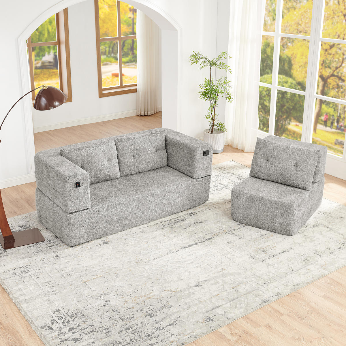 SITZGARNITUR DE-35041 2-in-1 mit Schlaffunktion Hellgrau - Hellgrau, Textil (194/39/199cm) - ComfortXL