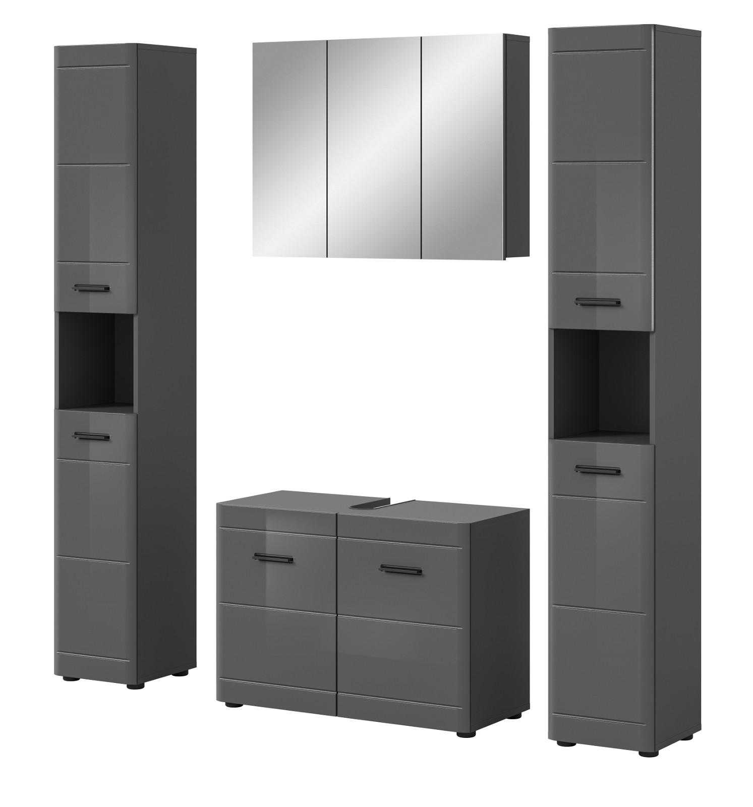 BADMÖBEL-SET grau Hochglanz 4-teilig, Komplettset mit Soft-Close - Grau, Glas/Holzwerkstoff (170/190/34cm) - Inn.Furn