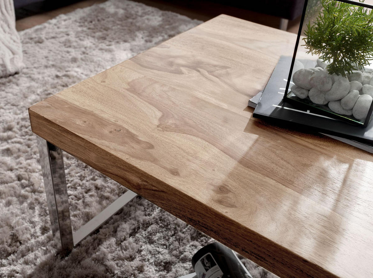 COUCHTISCH Massivholz mit Chromfüßen Handgefertigt, Beige 120x60x40 cm - Beige/Silberfarben, Holz/Metall (60/120/40cm) - KADIMA DESIGN