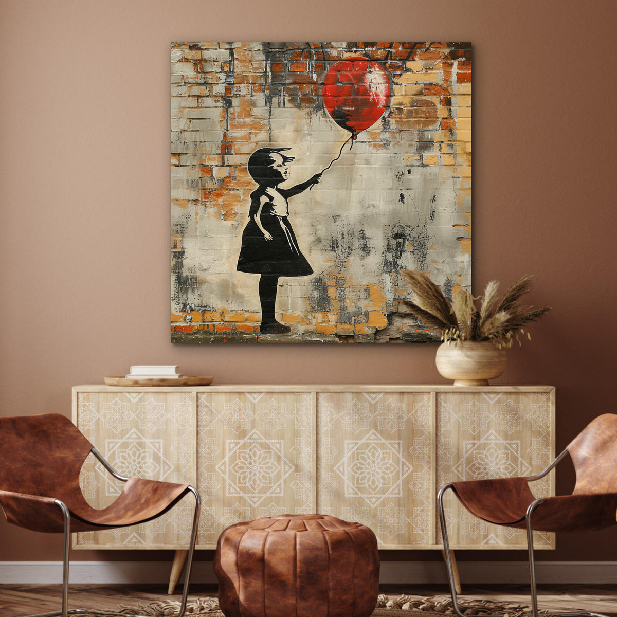 KOVOVÝ OBRAZ Graffiti - Banksy - Dievča - Street art 90x90 cm - piesková, kov (90/90cm) - MuchoWow
