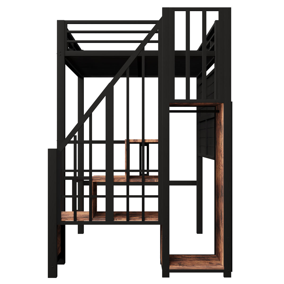 HOCHBETT 90/200 cm DE-04507, mit Kleiderschrank, Stauraumleiter und LED in Schwarz - Schwarz, Metall (90/200cm) - ComfortXL