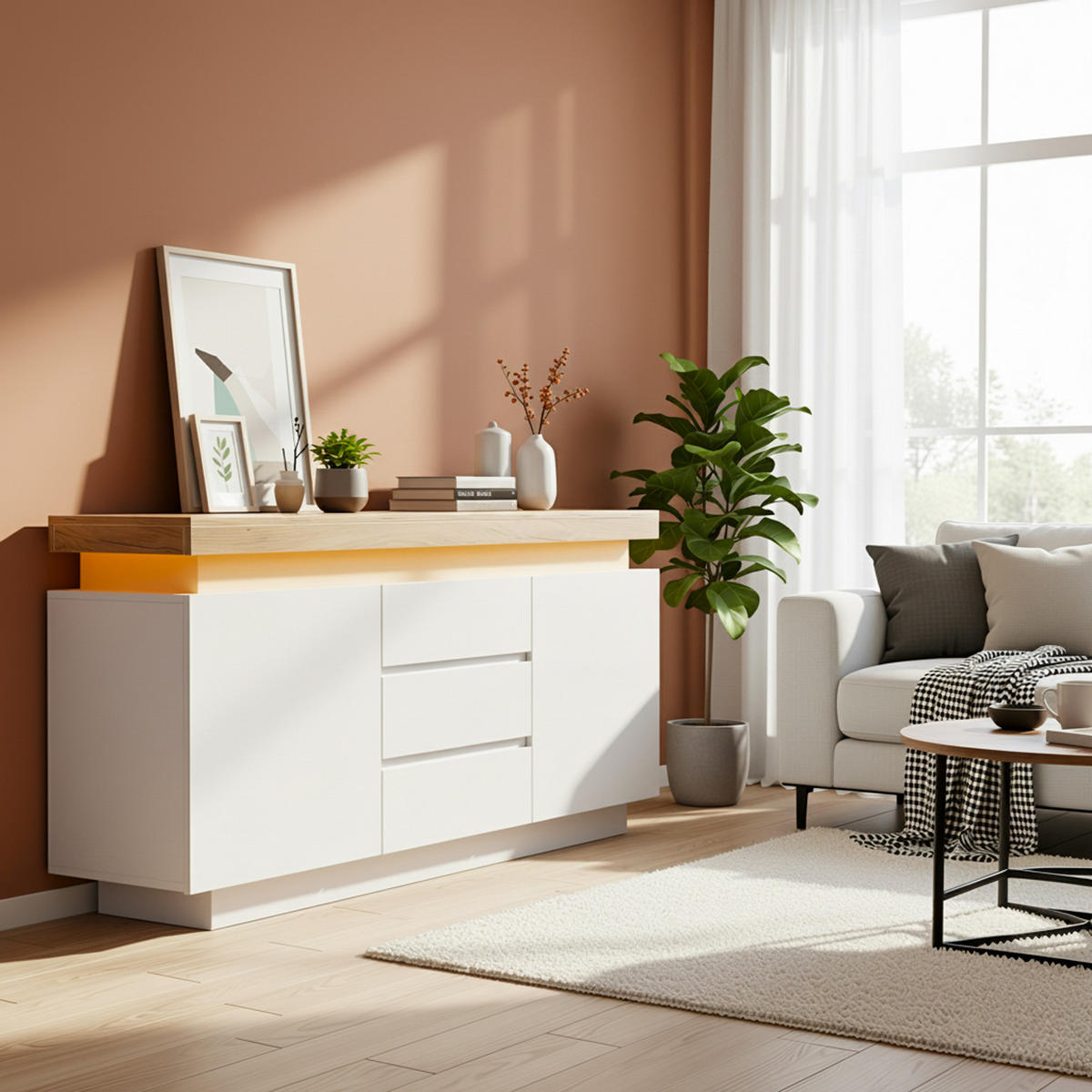 SIDEBOARD 140 cm in Weiß Hochglanz mit Smart-LED & 3 Schubladen - Weiß, Holzwerkstoff (140/81/39cm) - Urban Meuble