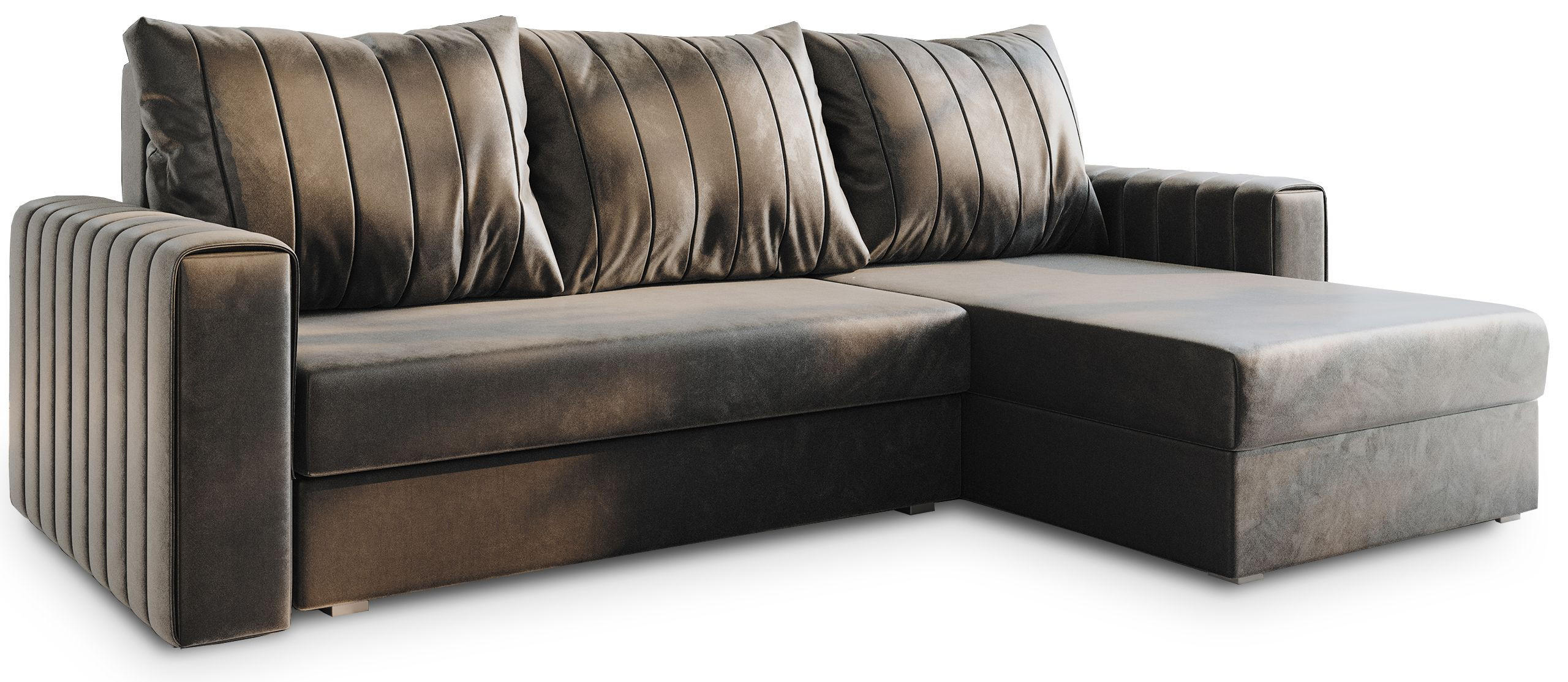 ECKSOFA CARL Grau Plüsch-Stoff mit Schlaffunktion - Grau, Holz (236/150cm) - MASSENO