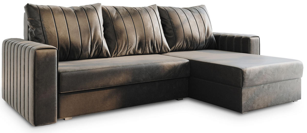 ECKSOFA CARL Grau Plüsch-Stoff mit Schlaffunktion - Grau, Holz (236/150cm) - MASSENO