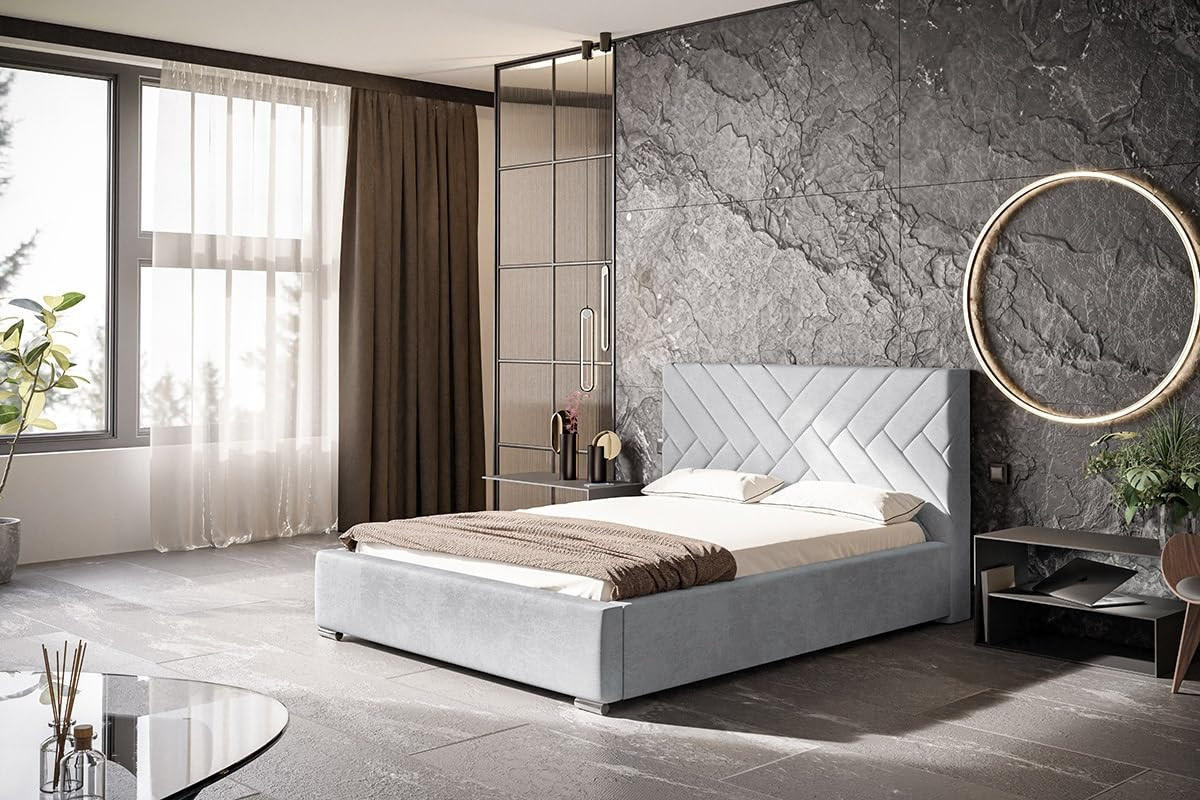 POLSTERBETT Monaco mit Kopfteil, 180x200 cm, Doppelbett mit Bettkasten und Lattenrost aus Holz, Velourstoff Hellgrau - Hellgrau, Holz/Textil (180/200cm) - Alpi-Möbel