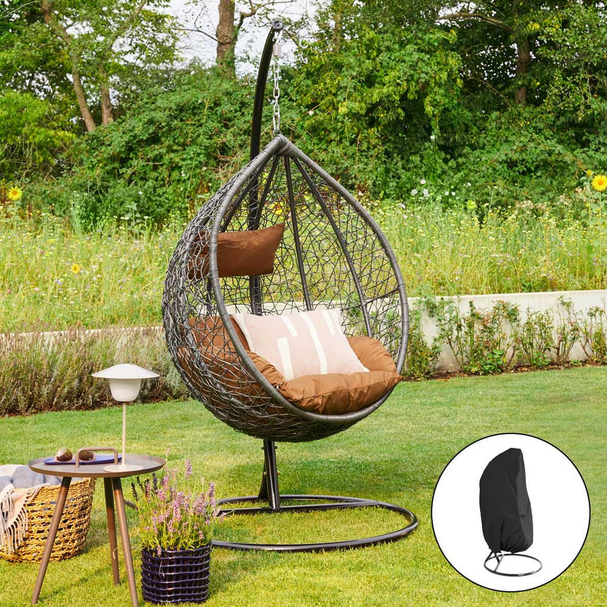 HÄNGESESSEL CIELO - Farbe: Braun, Ausstattung: Mit Regenabdeckung - Grau, Kunststoff (104/200/104cm) - Home Deluxe