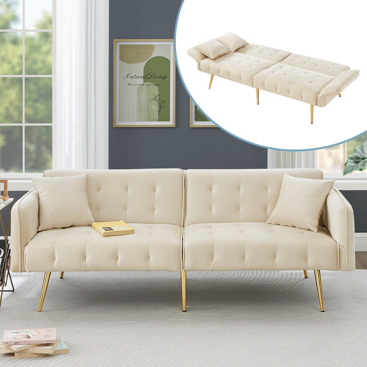 SOFA Zweisitzer Sofabett Velours Verstellbare Lehne Großzügig Schlaffunktion - Beige, Holz (89.92/18.03/80.52cm) - FLIEKS