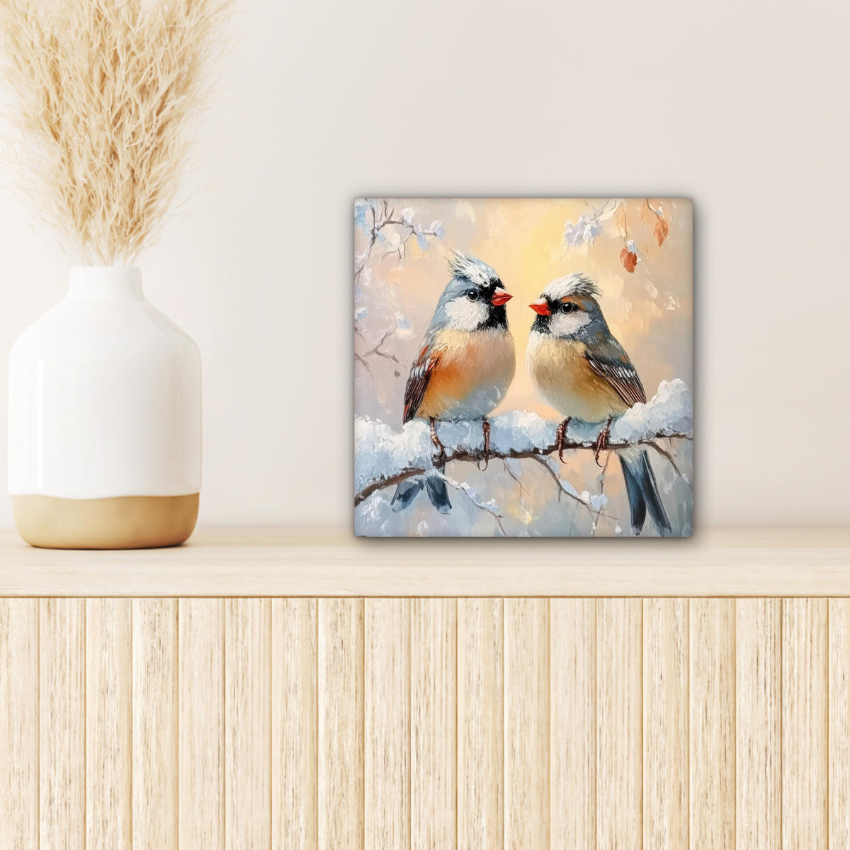 LEINWANDBILD Vögel - Zweig - Winter - Schnee Deko Wohnzimmer 20x20 cm - Pastellblau, Textil (20/20cm) - MuchoWow