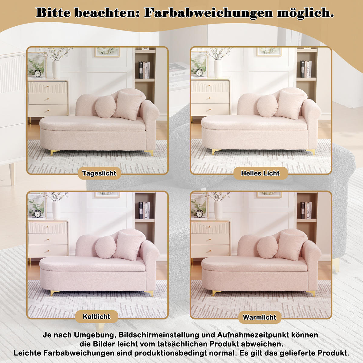 CHAISELONGUE 134 cm mit Stauraum, modernes Design, Teddyplüsch, wellenförmige Rückenlehne, inkl. Lenden- & Nackenkissen - Hellrosa, Textil (64/70/134cm) - Ej. Life