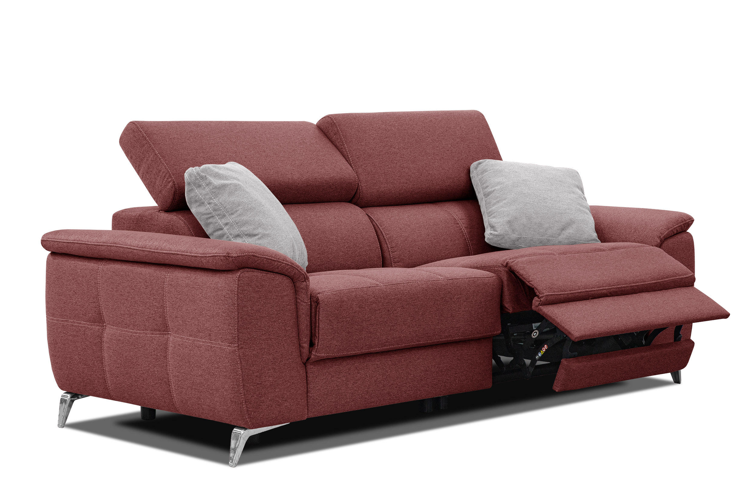 SOFA PLAUEN 3-Sitzer mit 2 Relaxfunktionen, bordeaux - Bordeaux/Silberfarben, Holzwerkstoff/Textil (214/83/105cm) - Courtois Laville