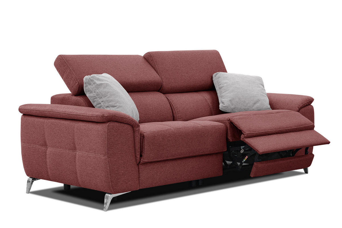 SOFA PLAUEN 3-Sitzer mit 2 Relaxfunktionen, bordeaux - Bordeaux/Silberfarben, Holzwerkstoff/Textil (214/83/105cm) - Courtois Laville