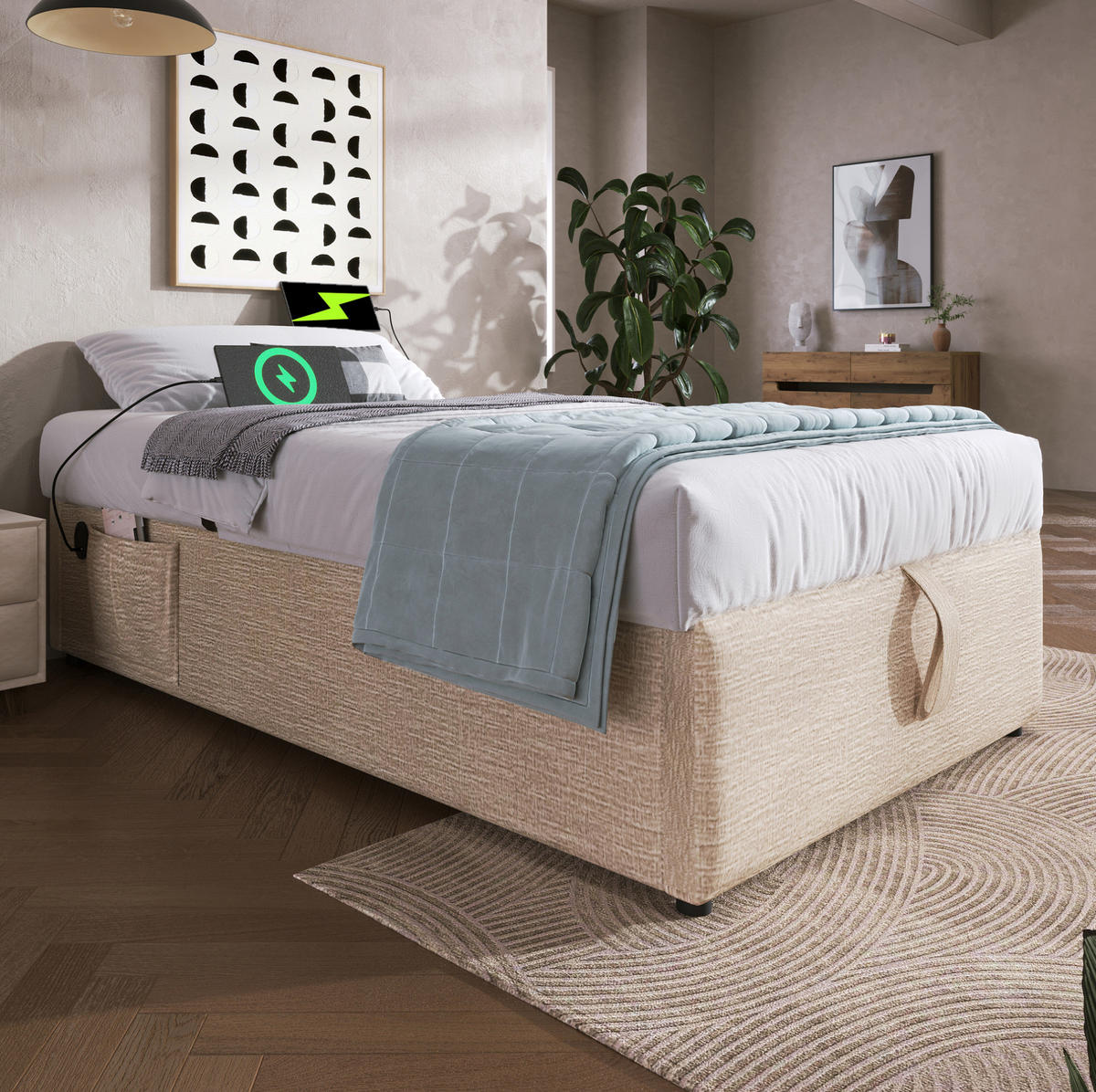 POLSTERBETT 90/200 cm Natur aus Leinen mit Stauraum - Beige, Textil (90/200cm) - OKMYHOME