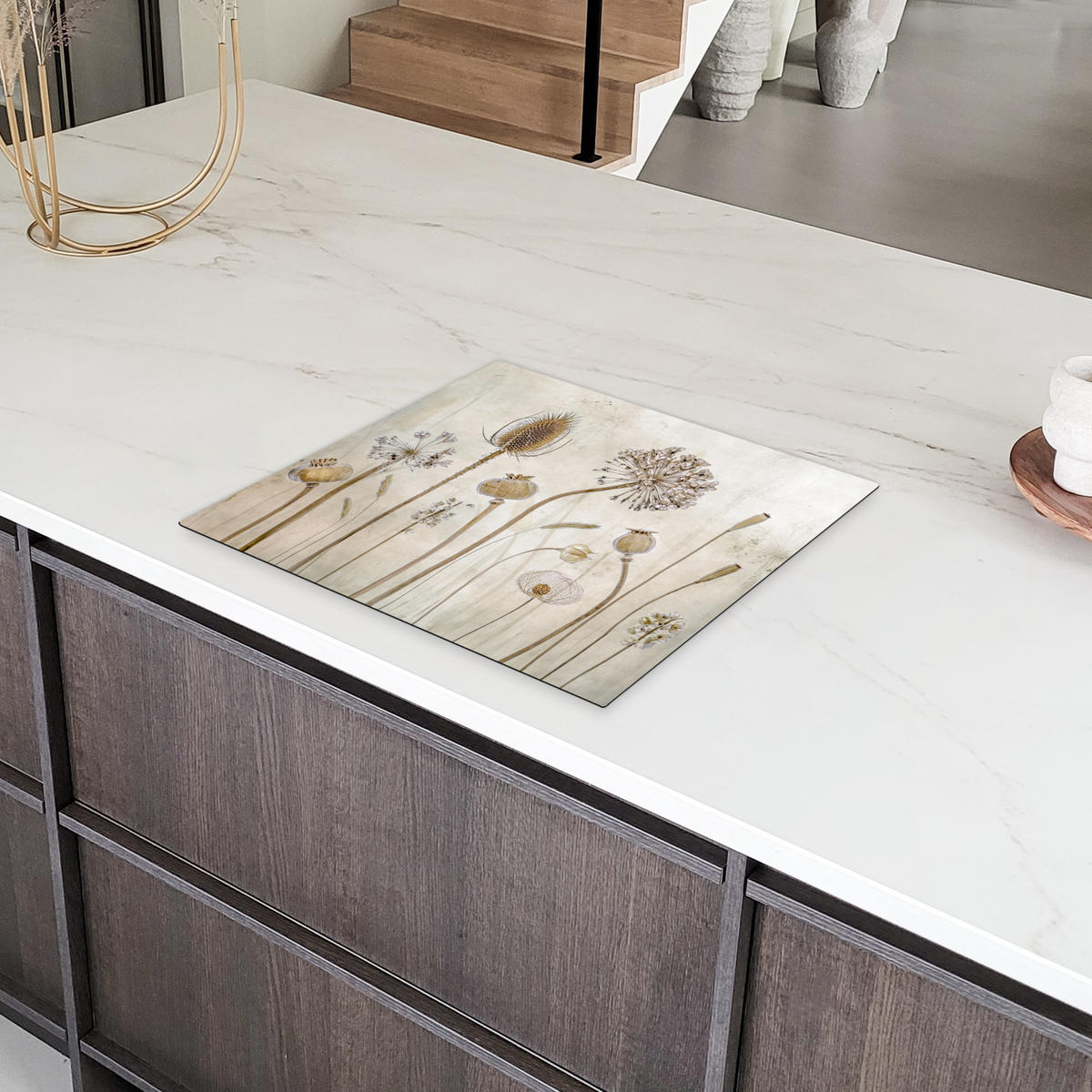 HERDABDECKPLATTE Blumen - Aquarell - Stilleben - Braun - Vintage 59x52 cm - Sandfarben, Kunststoff (59/52/0.2cm) - MuchoWow