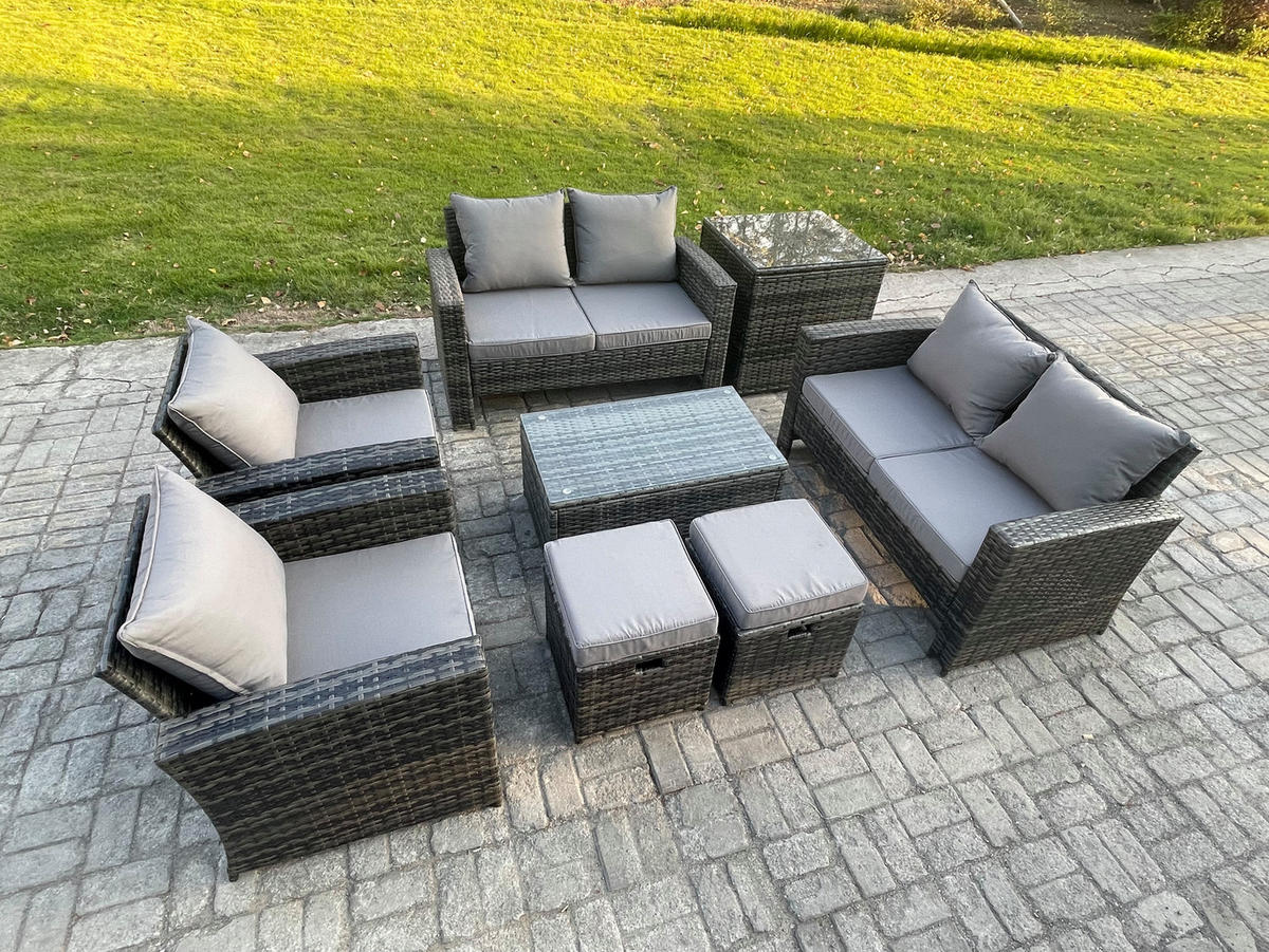 GARTENMÖBEL-SET mit Kissen Polyrattan Dunkelgrau 8-Sitzer - Dunkelgrau, Metall - Fimous