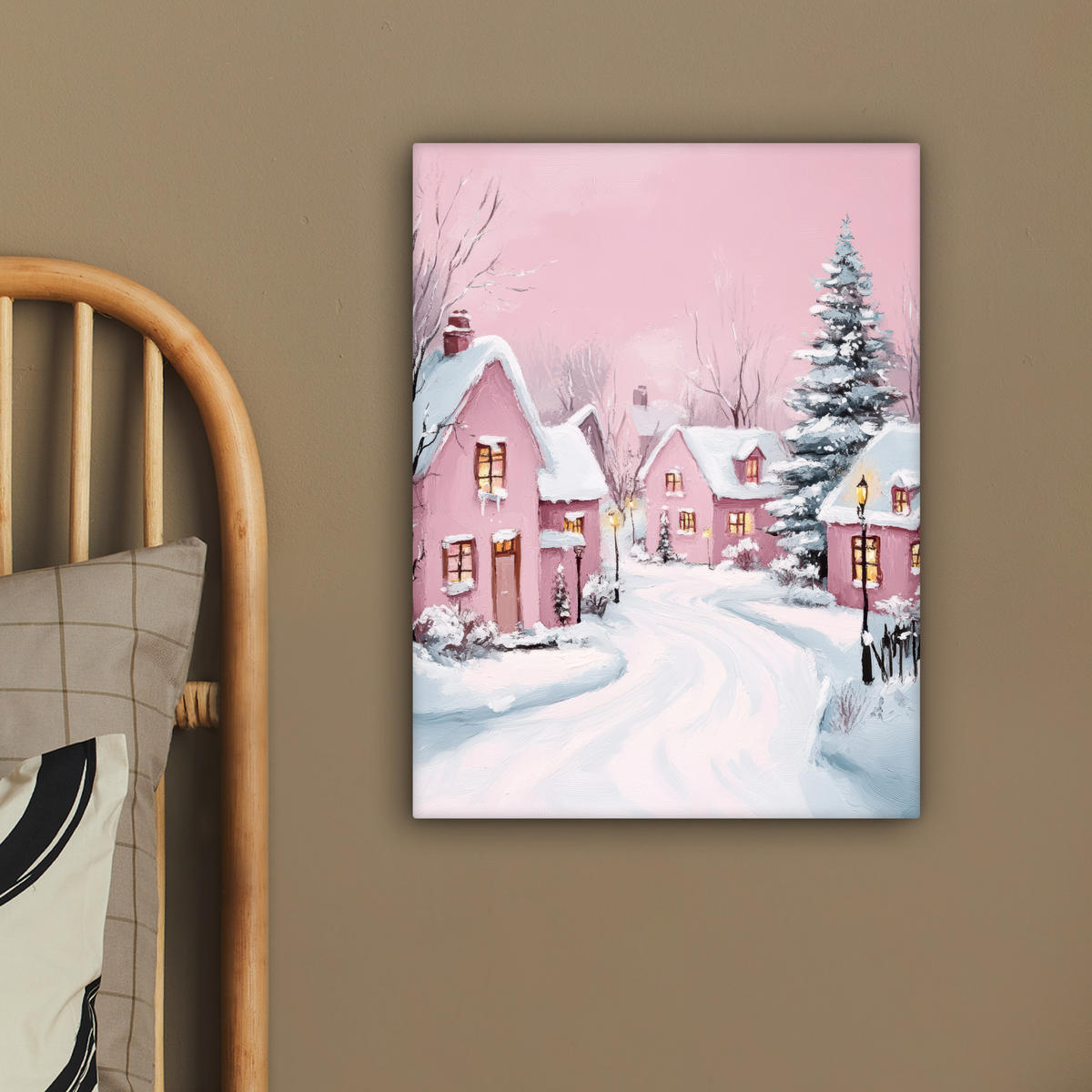 LEINWANDBILD Weihnachtsdorf - Rosa - Winter - Schnee - Häuser 30x40 cm - Altrosa, Textil (30/40cm) - MuchoWow