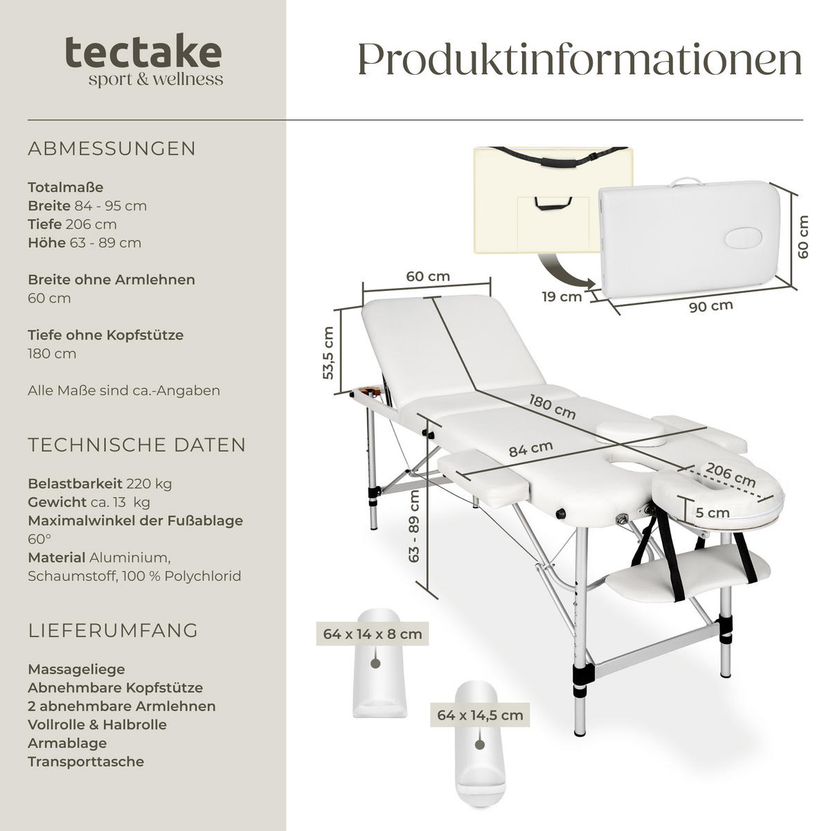 MASSAGELIEGE 3 Zonen, 210 x 95 x 89 cm,weiß - Weiß, Metall (95/89/210cm) - tectake