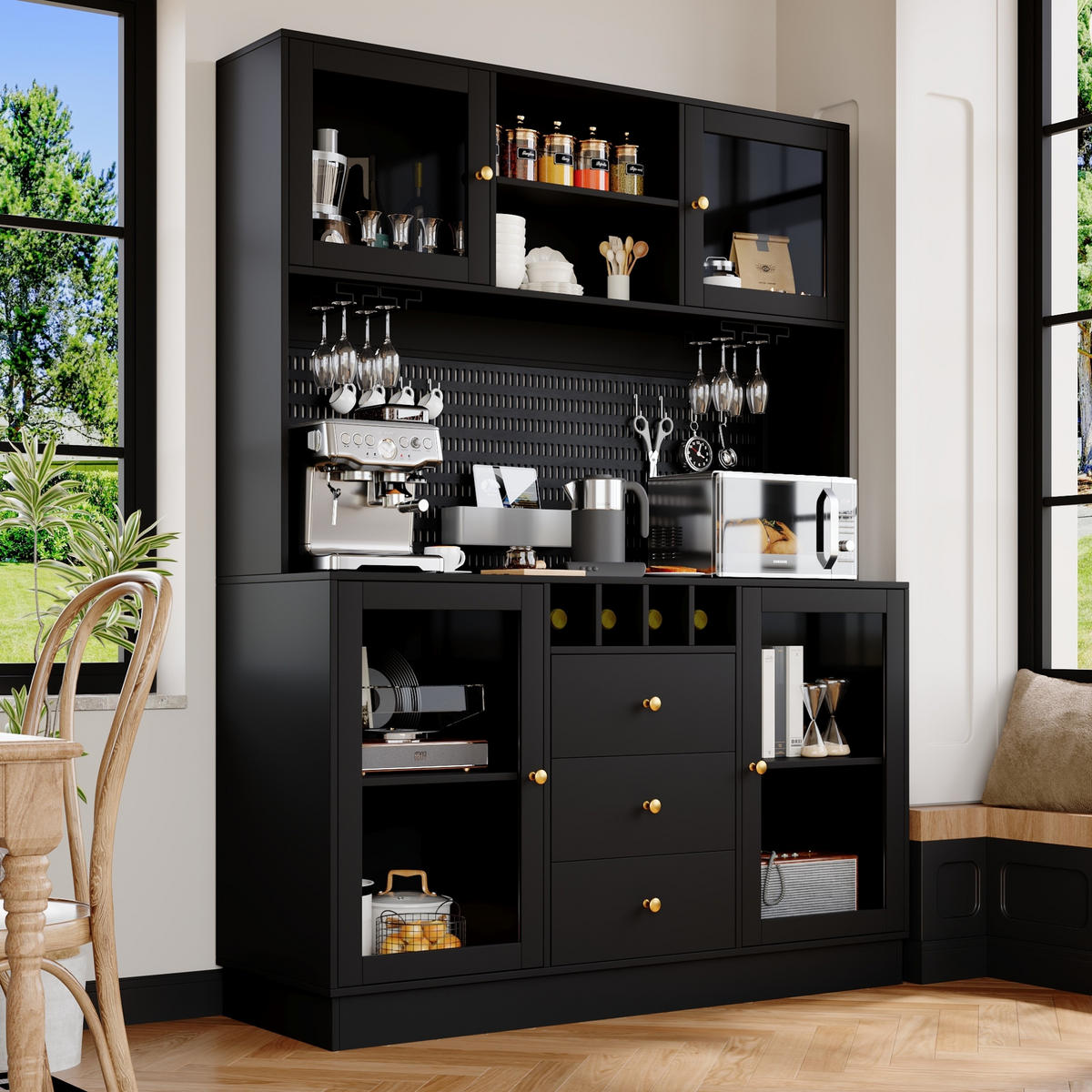 BUFFET 140/40/185,7 cm schwarz aus MDF und Glas mit LED-Beleuchtung - Schwarz, Holzwerkstoff (140/185.7/40cm) - OKWISH