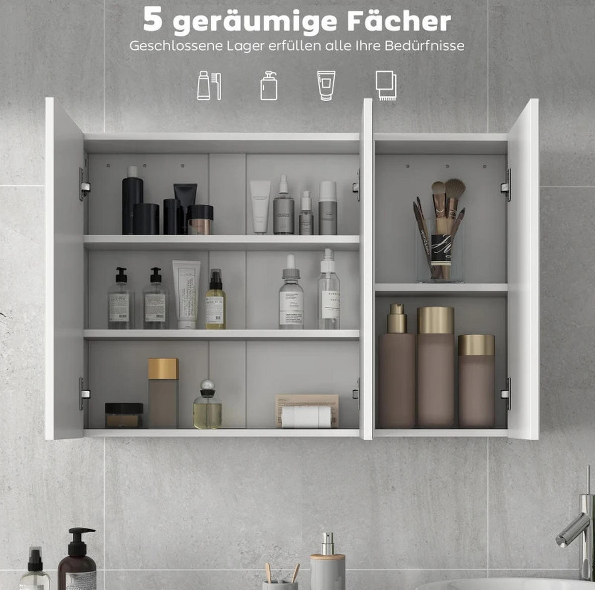 BADEZIMMER Hängeschrank 90x15.5x60 cm Weiß mit 3 Spiegeltüren & 5 Regalen - Weiß, Glas (90/60/15.5cm) - Modfu