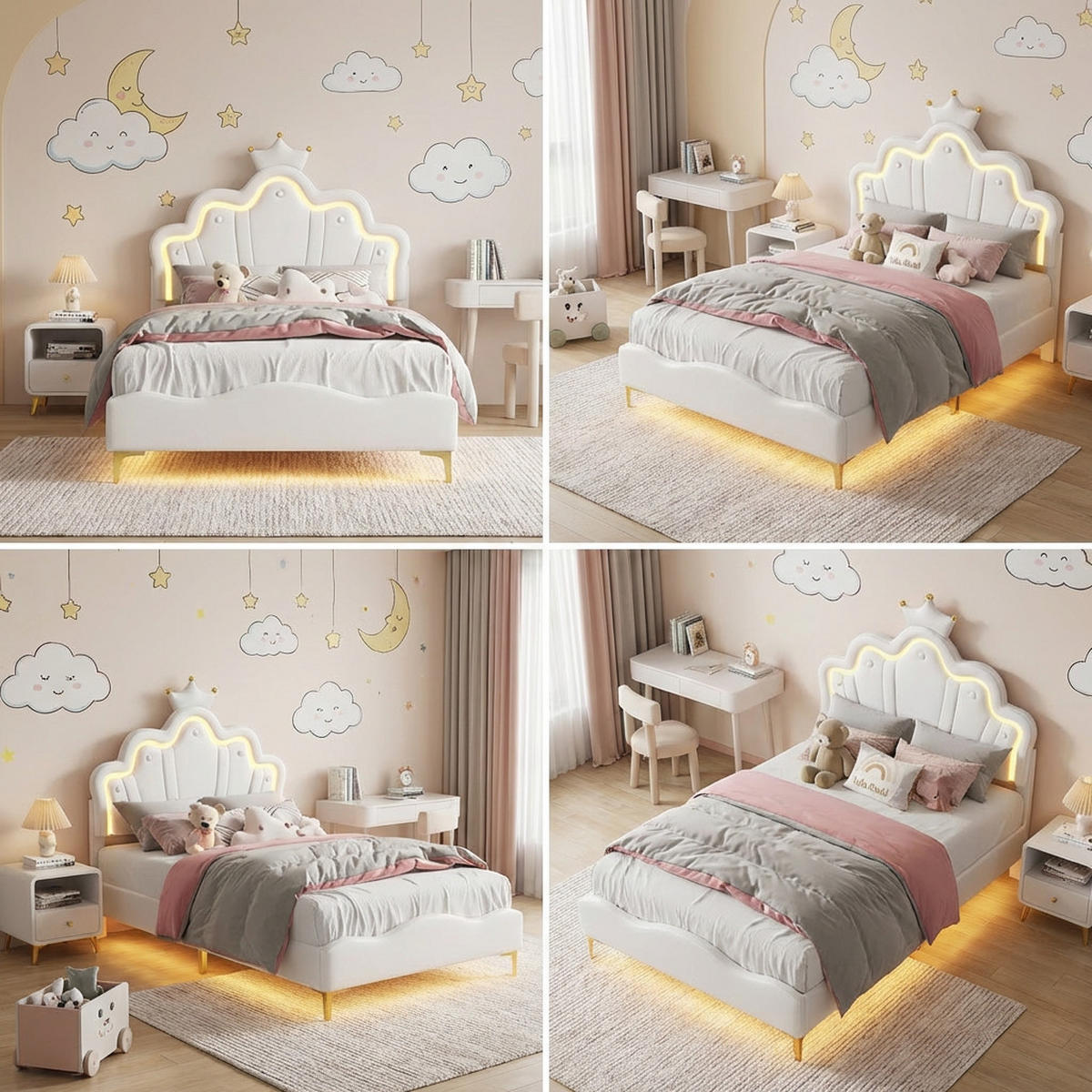 KINDEREINZELBETT 90 x 200 cm, Prinzessinnenbett im Kronenstil, PU-Leder, verstellbare LED-Ambientebeleuchtung, weiß, Kinderbetten - Weiß, Holz (90/200cm) - WoodenAura