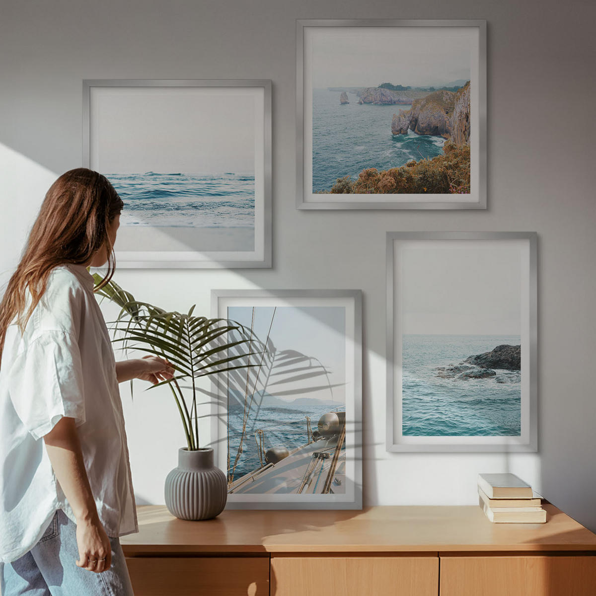 WANDBILDER 4er Set - 50x50 cm & 40x60 cm Silberner Rahmen - Küstenlandschaftsblick - Silberfarben, Kunststoff (50/50cm) - ArtPrintCave