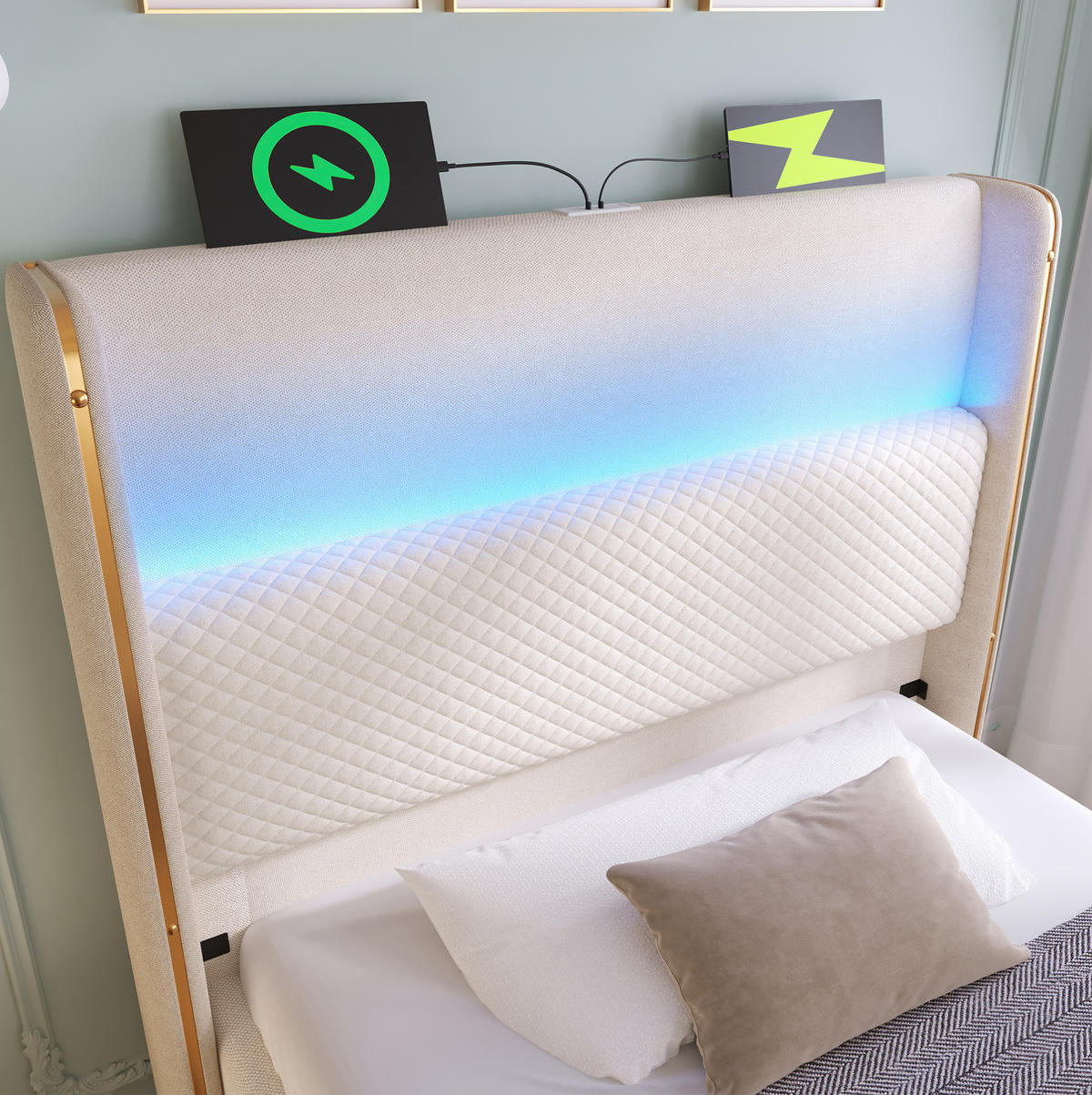 POLSTERBETT 90/200 cm mit hydraulischem Bettkasten, LED-Kopfteil & USB/Type-C, Beige - Beige, Textil (90/200cm) - Redom