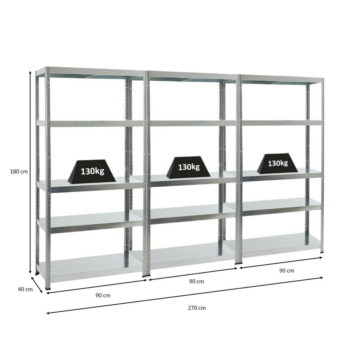 SCHWERLASTREGAL Steel Eagle 3er-Set mit 3x 180x90x40 cm Fachlast 130 kg Verzinkt - Silberfarben, Metall (270/180/40cm) - PROREGAL