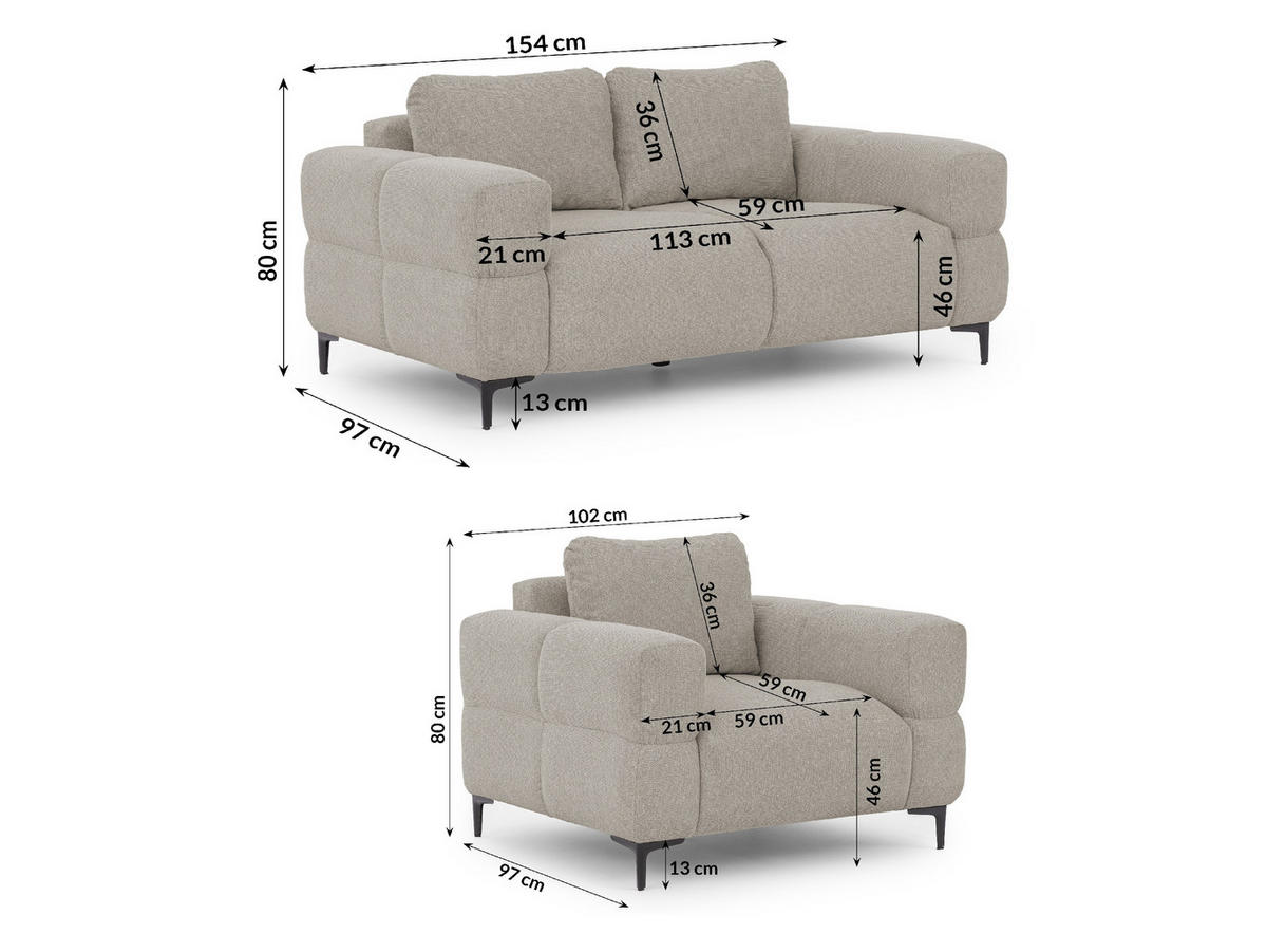 SITZGARNITUR 2+1 Cardea in Bubble-Optik aus weichem Taupe Strukturstoff mit hohem Sitzkomfort - Taupe/Schwarz, Holz/Textil (154/80/97cm) - S-Style Möbel