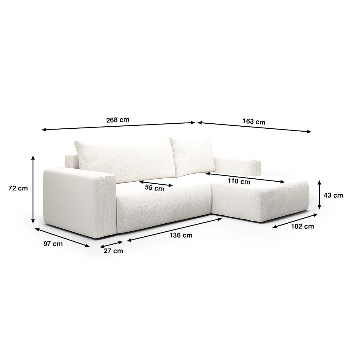 ECKSOFA Bliss 3 Sitzplätze Gebrochenes Weiß - Weiß, Holz (268/163cm) - Petits-meubles