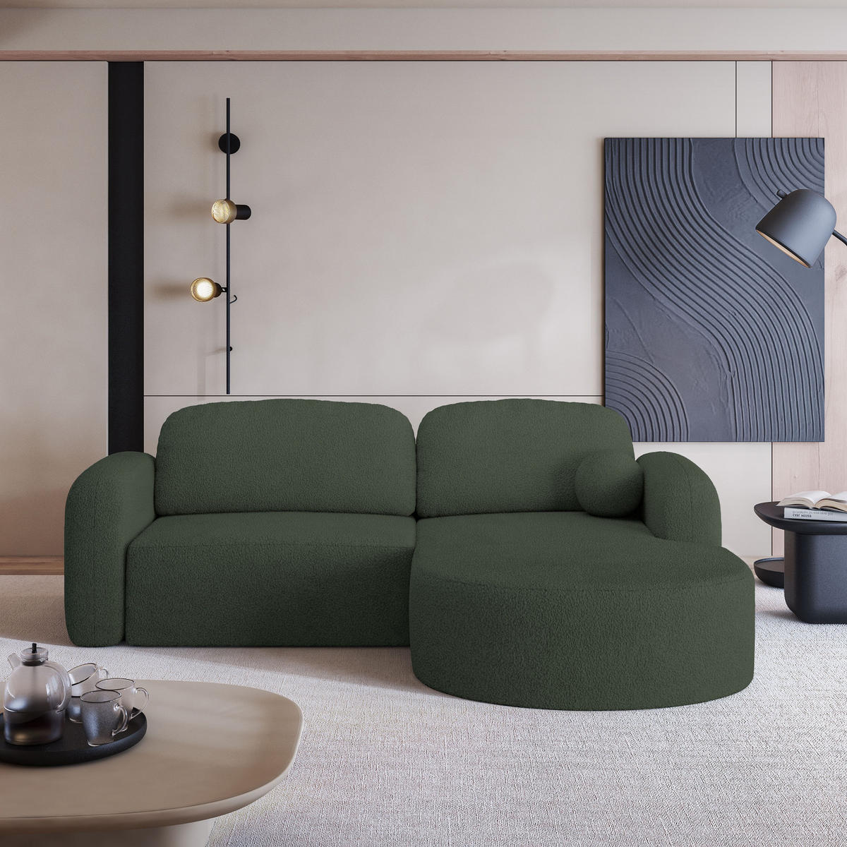 ECKSOFA AMILIA R-S Grün Boucle-Stoff mit Schlaffunktion - Grün, Holz (263/174cm) - MASSENO