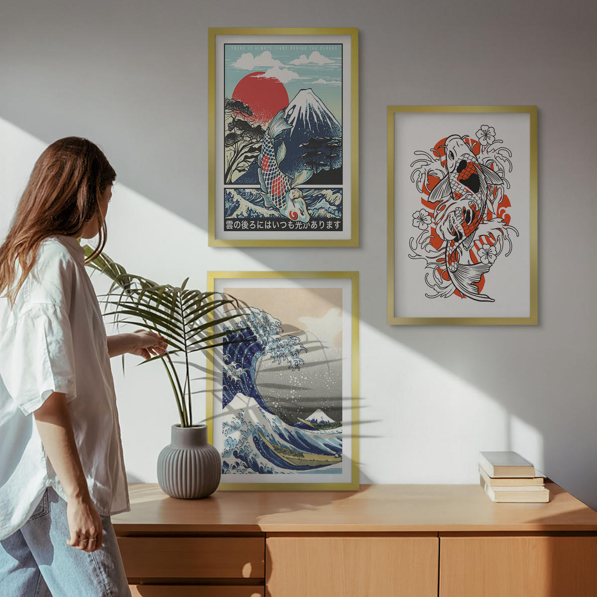 BILDER SET 3er Set - 40x60 cm Goldrahmen - Berge von Fischen Große Welle Japan - Goldfarben, Kunststoff (40/60cm) - TULUP