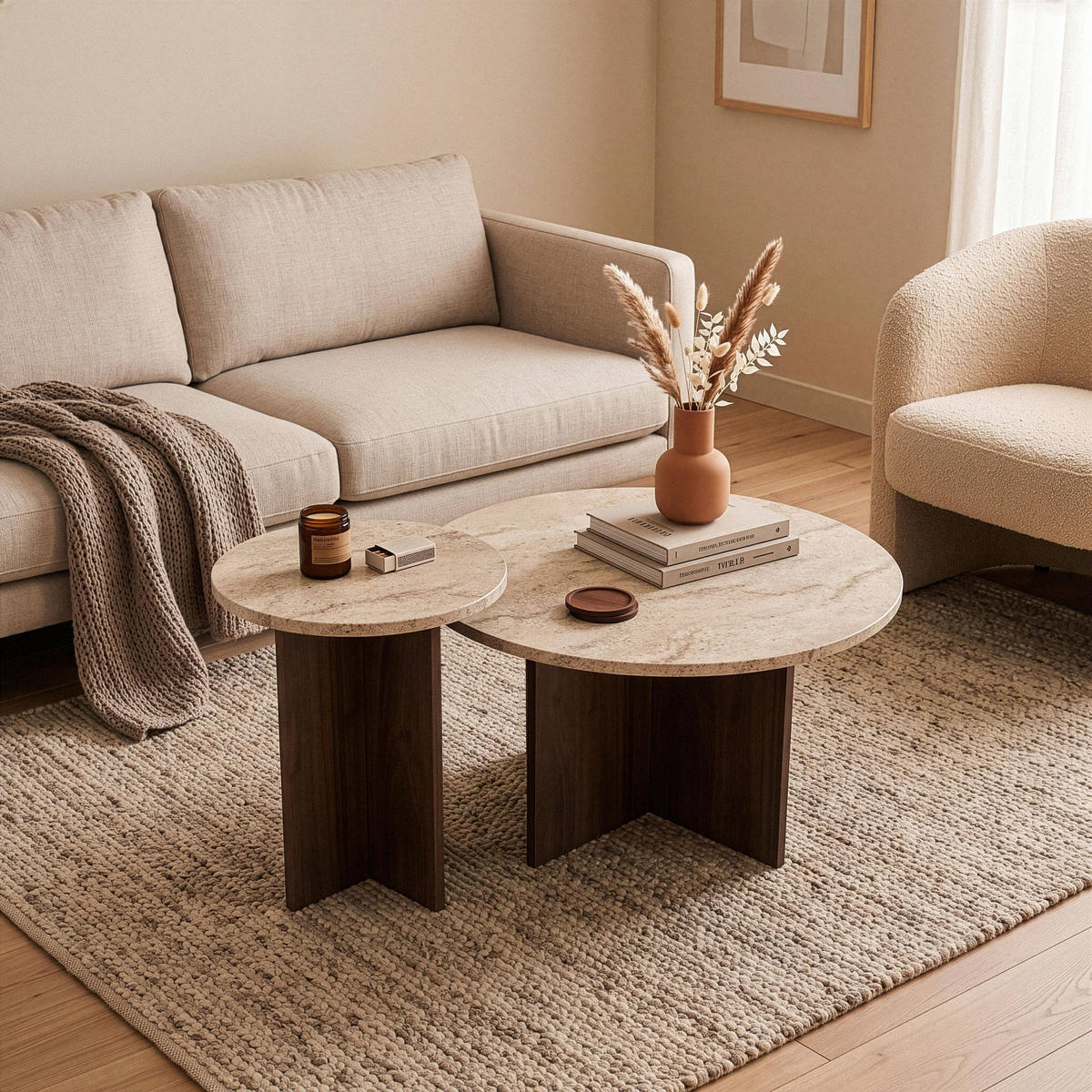 COUCHTISCHEN 2er-Set mit runder Tischplatte 70/70/40 cm - Beige, Holzwerkstoff (70/70/40cm) - Calicosy