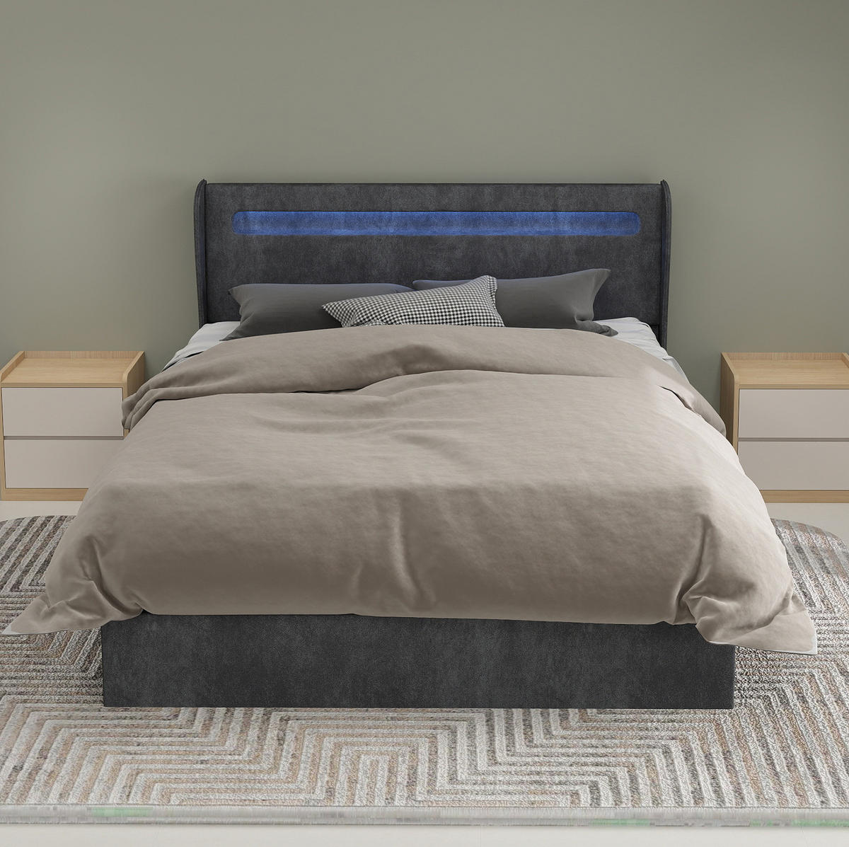 POLSTERBETT 140/200 cm grau aus Stoff und Metall mit LED und verstellbarem Kopfteil - Grau, Textil (140/200cm) - OKWISH
