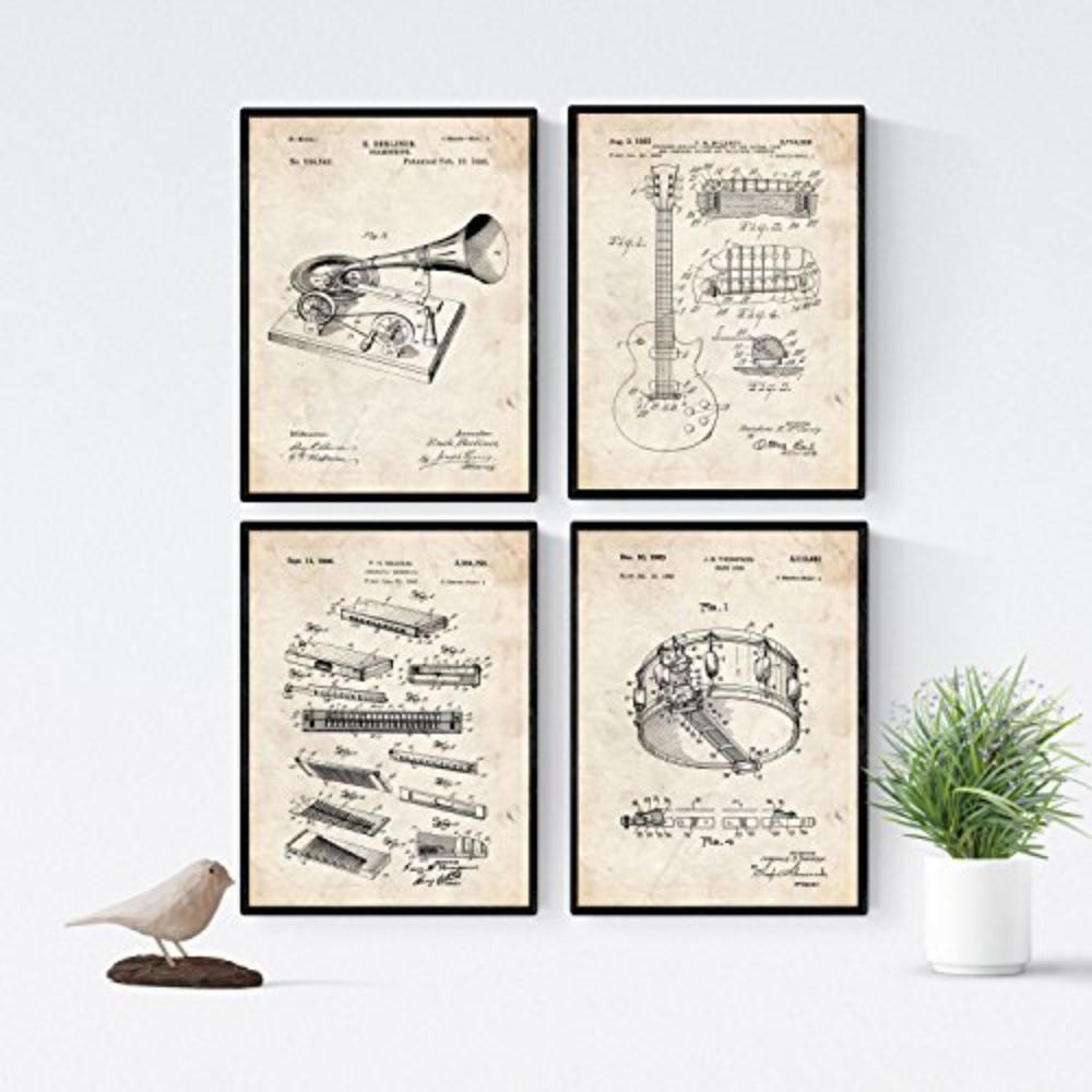 POSTER Set mit 4 Jahrgang Patent für Musikinstrumente A4 Rahmenlos - Klar, Papier (29.7/3cm) - Nacnic