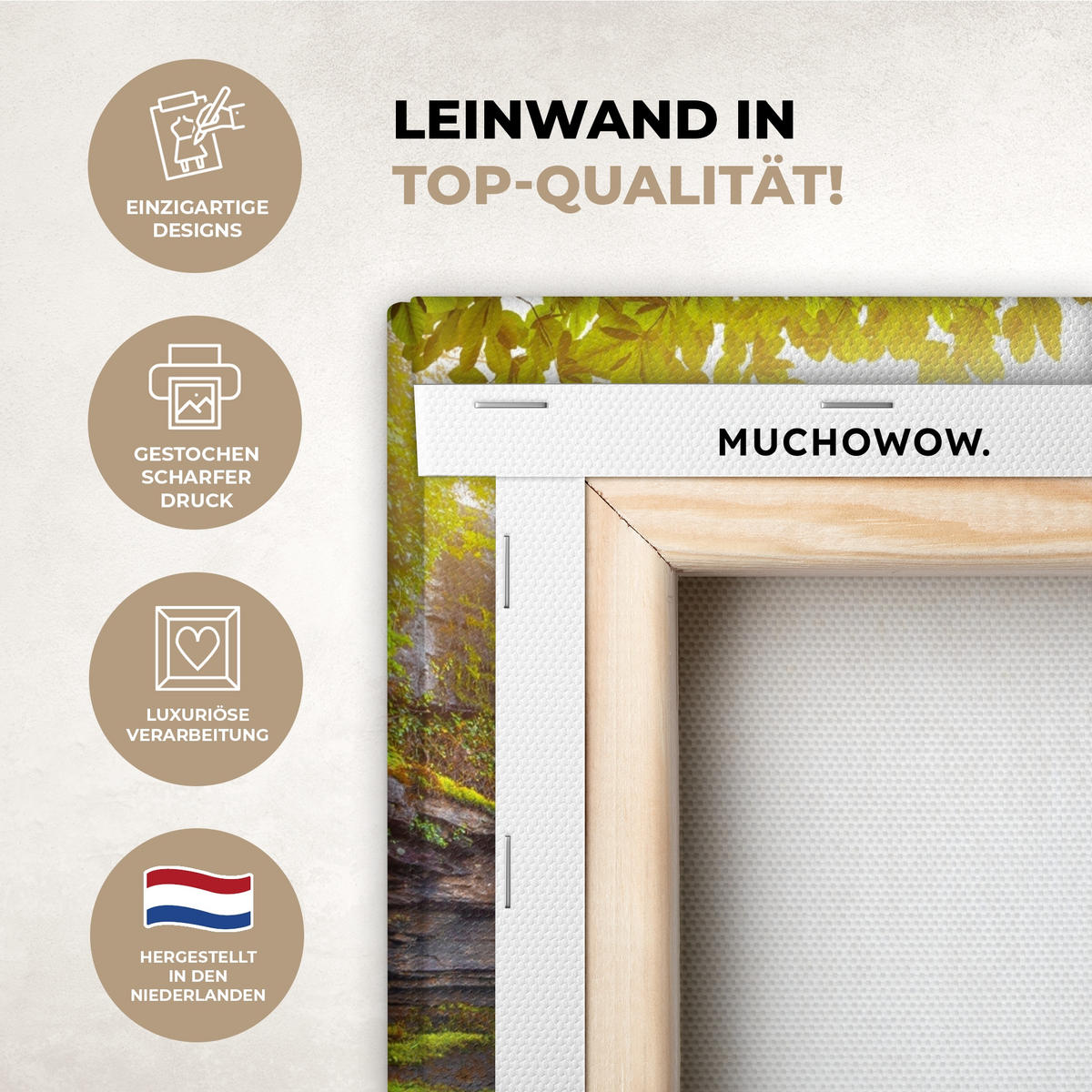 LEINWANDBILD Natur - Wasserfall - Pflanzen - Bäume - Sonne Deko Wohnzimmer 20x30 cm - Olivgrün, Textil (20/30cm) - MuchoWow