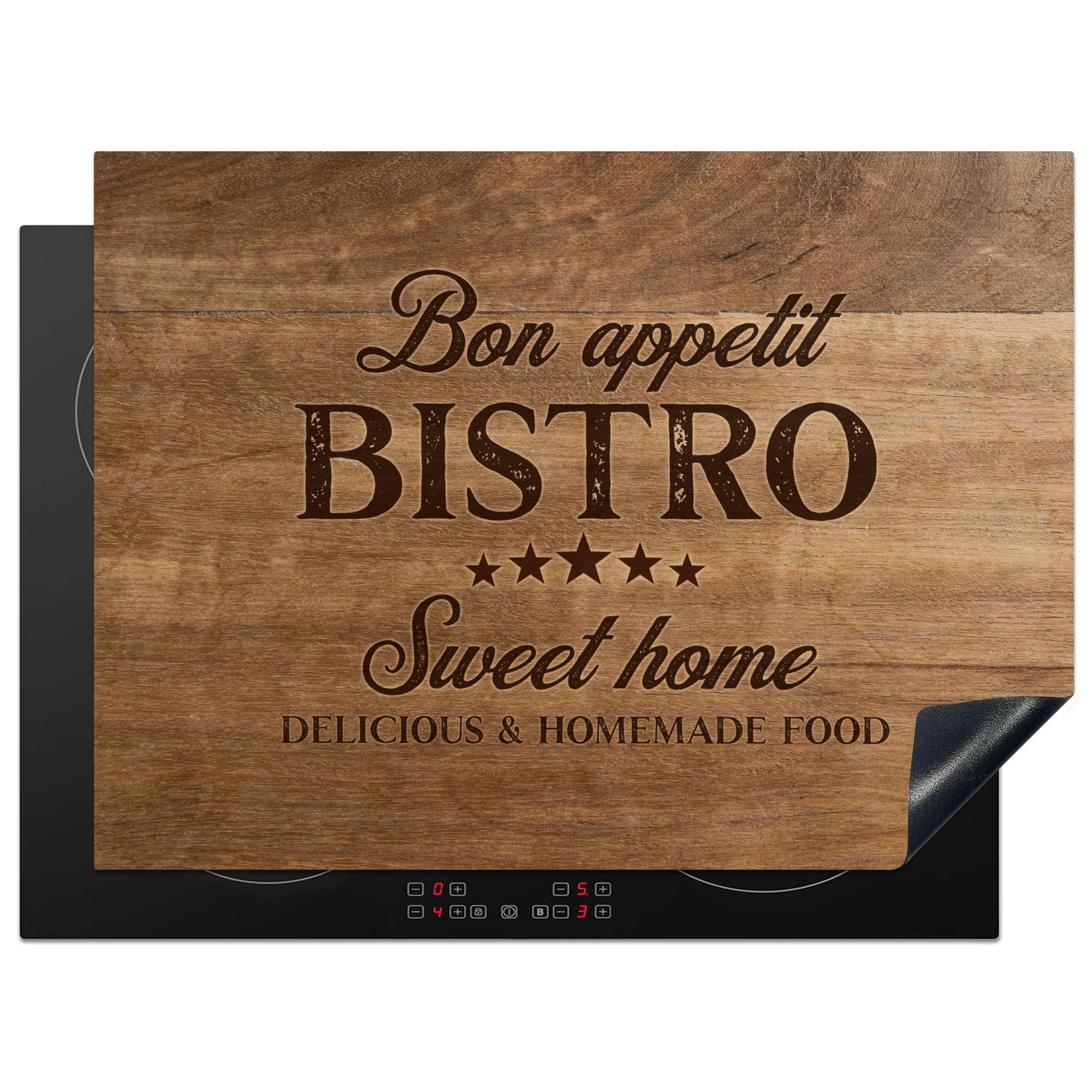 HERDABDECKPLATTE Zitat - Bistro - Guten Appetit - Süßes Zuhause - Holzmaserung 71x52 cm - Braun, Kunststoff (71/0.2/52cm) - MuchoWow