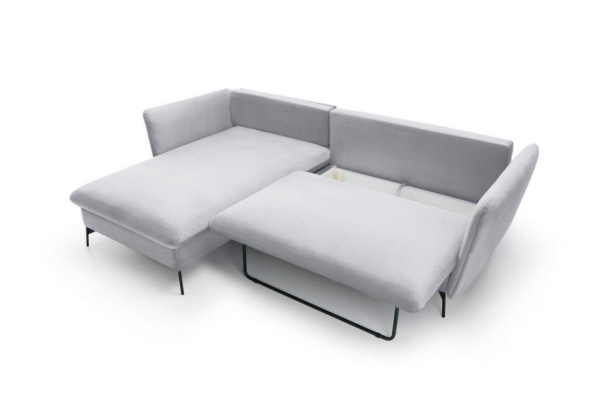 ECKSOFA FERRO Grau Velours-Stoff mit Schlaffunktion - Grau, Holz (258/167cm) - MASSENO