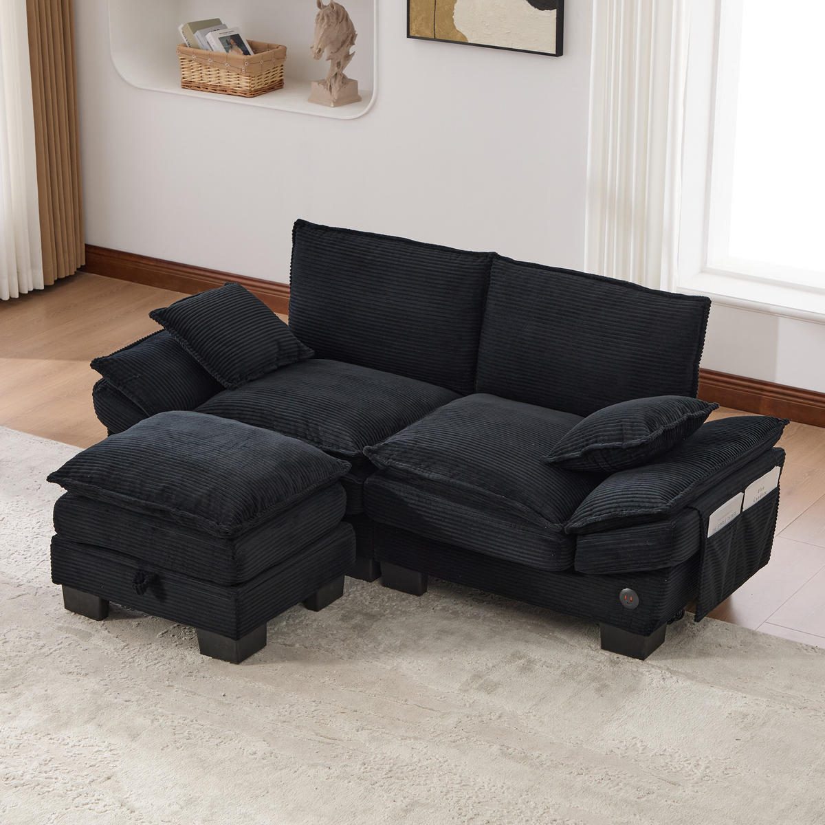 2-SITZER Sofa aus Corduroy 190x132x84 cm mit Hocker & USB-C, schwarz - Schwarz, Textil (132/84/190cm)